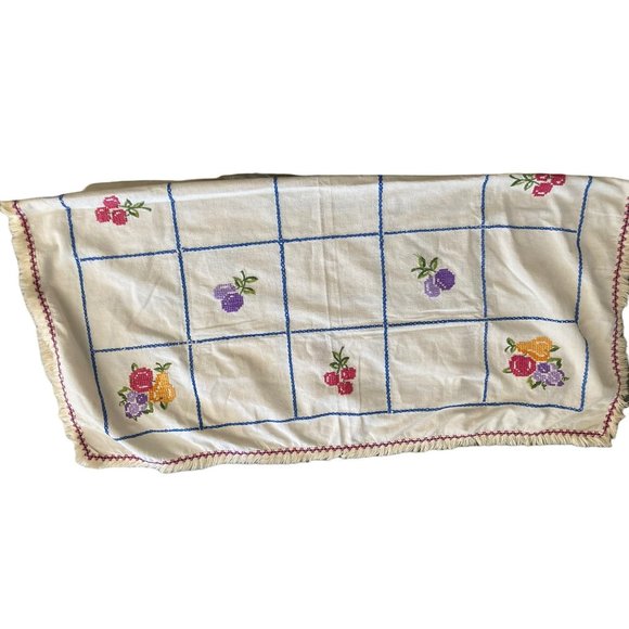 Handmade Other - Vintage Cross-stitch Square Floral Fruit Fringe Tablecloth
